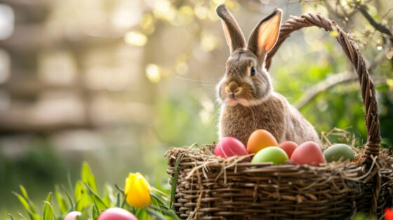 Ein kleiner Hase in einem Korb mit Ostereiern.
