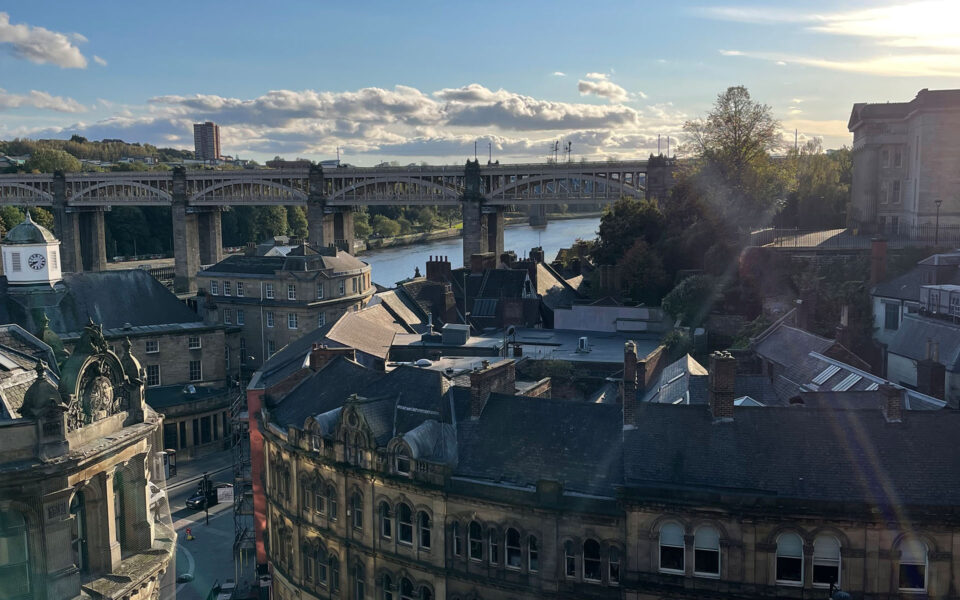 Blick auf eine Stadtlandschaft mit Brücken und einem Fluss. Im Vordergrund sind historische Gebäude mit verschiedenen Dächern und Schornsteinen zu sehen. Im Hintergrund ist eine große Brücke zu erkennen, die über den Fluss führt, umgeben von Bäumen und Wolken am Himmel.