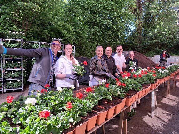 Eine Gruppe von sechs Personen steht in einem Garten und pflanzt Geranien in Töpfen. Die Menschen lächeln und tragen Gartenhandschuhe. Im Hintergrund sind Pflanzenregale und Erde sichtbar.