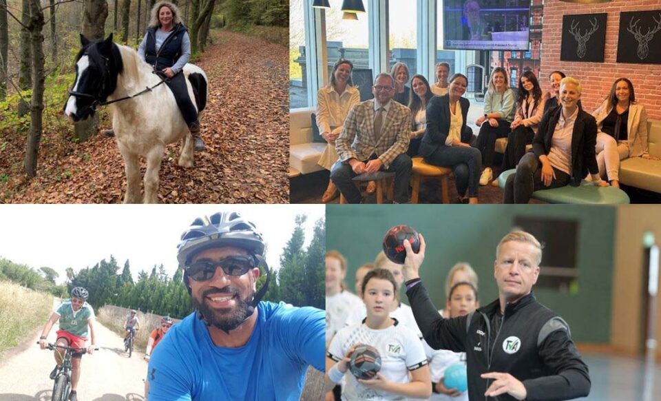 Eine Collage mit vier Bildern: Oben links reitet eine Frau auf einem schwarzen und weißen Pferd durch einen Waldweg. Oben rechts sitzt eine Gruppe von Männern und Frauen in einem modernen Raum, einige lachen, während ein Fernseher im Hintergrund läuft. Unten links zeigt ein Mann mit Sonnenbrille und Helm ein Selfie während einer Fahrradtour, während hinter ihm andere Radfahrer zu sehen sind. Unten rechts trainiert ein Mann mit einem Handball, während Jugendliche in weißen Trikots ihm aufmerksam zuschauen.