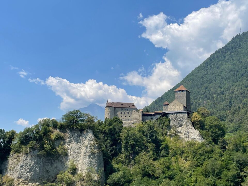 Ein historisches Schloss steht auf einem hohen Felsen, umgeben von dichten Bäumen. Im Hintergrund erstreckt sich ein bewaldeter Berg unter einem klaren blauen Himmel mit einigen Wolken. Das Schloss hat mehrere Türme und ist aus grauem Stein gebaut, mit roten Dächern, die in der Sonne leuchten.