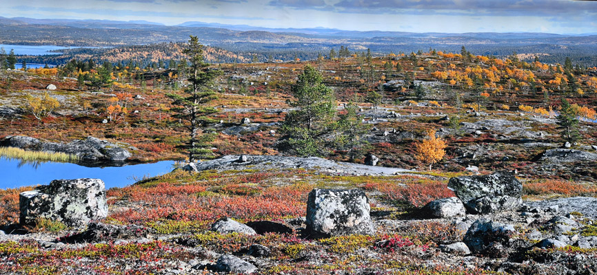 Eine weite Landschaft mit buntem Herbstlaub, Felsen und Bäumen. Im Vordergrund sind große Steine und ein ruhiges Gewässer sichtbar. Im Hintergrund erstrecken sich Hügel und Wälder, die in warmen Herbsttönen leuchten.