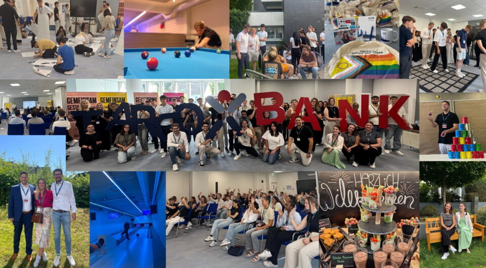 Eine Collage mit verschiedenen Szenen von einer Veranstaltung. Zu sehen sind Gruppen, die an Workshops teilnehmen, Bowling spielen, und an Tischen sitzen. Es gibt eine große Gruppe, die ein Banner mit "FOX BANK" hält. Auch Aktivitäten wie Spiele und Präsentationen sind zu sehen. Zudem werden Snacks und Getränke angeboten.