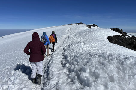 Eine Gruppe von Wanderern geht auf einem schneebedeckten Weg auf einen Berggipfel. Die Wanderer tragen warme Kleidung, darunter eine rot-braune Jacke und einen blauen Hut. Im Hintergrund sieht man eine Berglandschaft unter einem klaren blauen Himmel.