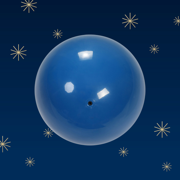 Eine glänzende blaue Bowlingkugel schwebt vor einem dunkelblauen Hintergrund mit goldenen Sternen.