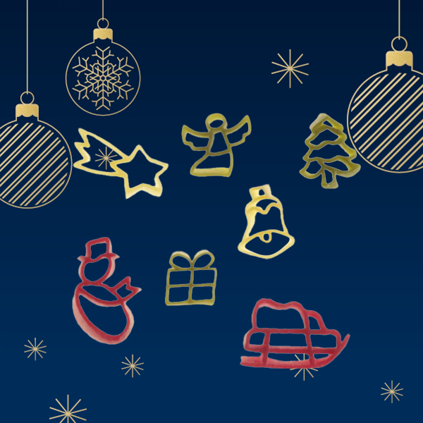 Eine festliche Illustration mit Weihnachtsmotiven auf einem blauen Hintergrund, darunter eine Schneeflocke, Weihnachtskugeln, ein Engel, ein Baum, ein Stern, eine Glocke, ein Geschenk, ein Schneemann und ein Schlitten.