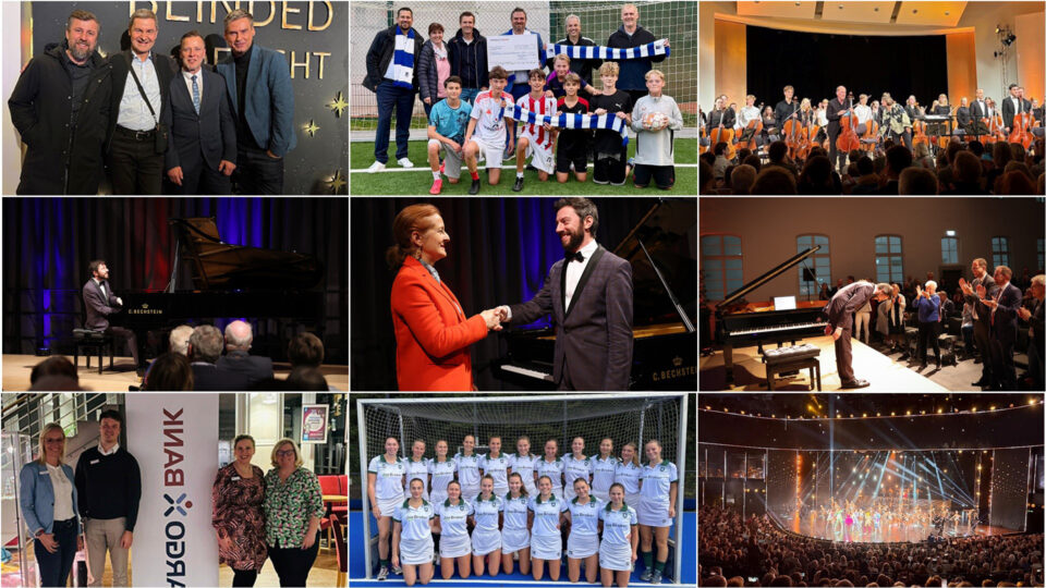 Eine Collage aus Bildern zeigt verschiedene Veranstaltungen: ein Gruppenfoto von Männern, ein Fußballteam, ein klassisches Konzert, einen Pianisten, eine Preisverleihung und eine Sportmannschaft.
