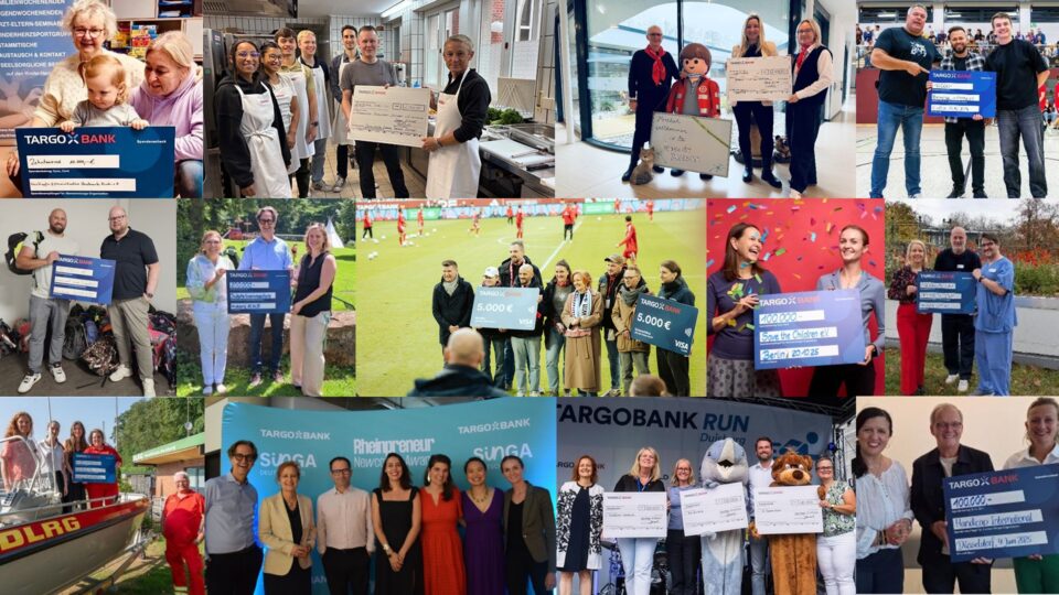 Eine Collage von Bildern, die verschiedene Gruppen von Personen zeigen, die große Schecks von der TARGOBANK halten. Die Szenen umfassen Veranstaltungen in unterschiedlichen Umgebungen, darunter Sportveranstaltungen und soziale Projekte.