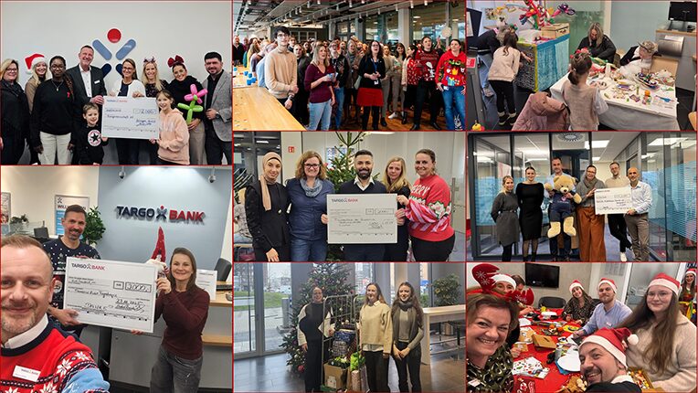 Eine Collage aus mehreren Bildern, die Mitarbeiter von TARGOBANK bei verschiedenen Veranstaltungen zeigt. Zu sehen sind Gruppenfotos mit großen Schecks, Weihnachtsdekoration und festlicher Kleidung. In einer der Szenen wird ein Geschenk unter einem Weihnachtsbaum präsentiert. Ein weiteres Bild zeigt eine Feier mit Essen und Spielen.