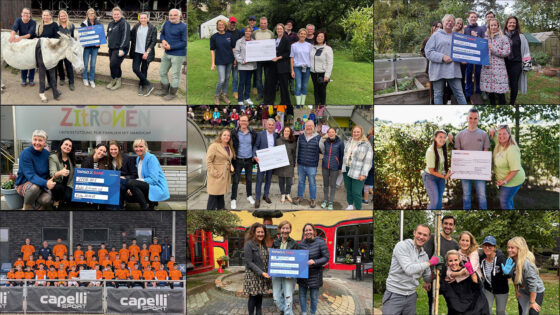 Eine Collage mit mehreren Gruppen von Personen, die Spendenchecks halten und zusammen posieren, darunter ein Esel auf einem Bauernhof, eine Gruppe vor einem Schild mit "Zitronen", eine Mannschaft in orangefarbenen T-Shirts und verschiedene andere Szenen von Veranstaltungen zur Unterstützung von Familien mit Handicap.
