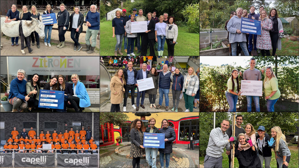 Eine Collage mit mehreren Gruppen von Personen, die Spendenchecks halten und zusammen posieren, darunter ein Esel auf einem Bauernhof, eine Gruppe vor einem Schild mit "Zitronen", eine Mannschaft in orangefarbenen T-Shirts und verschiedene andere Szenen von Veranstaltungen zur Unterstützung von Familien mit Handicap.