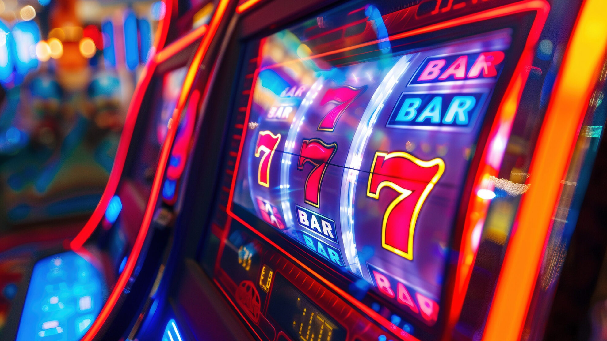 Ein Slotmaschinenbild mit bunten Lichtern und Symbolen. Die Walzen zeigen mehrere rote 7en und 'BAR'-Symbole. Neonfarben betonen die Details, während der Hintergrund unscharf ist.