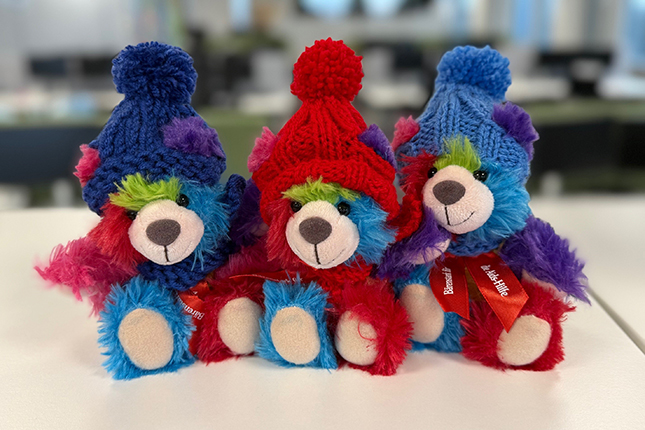 Drei Plüschbären sitzen auf einem Tisch. Jeder Bär trägt eine bunte Mütze mit einer Bommel. Der linke Bär hat eine blaue Mütze, der mittlere eine rote Mütze, und der rechte eine lila Mütze. Sie haben bunte Felle in Blau, Rot und Grün und halten ein rotes Bändchen mit dem Aufdruck "Beisammensein".