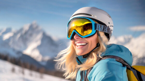 Eine Person in einem blauen Skijacke und einem weißen Helm steht in den Bergen. Im Hintergrund sind schneebedeckte Gipfel und ein klarer blauer Himmel zu sehen.