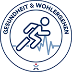 Ein Logo, das einen stilisierten Läufer zeigt, umgeben von einem Kreis. Der Text "GESUNDHEIT & WOHLGEHEN" steht oben im Kreis, während eine Herzfrequenzlinie darunter verläuft.