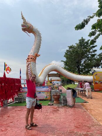 Ein Mann in einem roten T-Shirt und Shorts steht vor einer großen, dekorativen Schlange aus weißen und goldenen Elementen. Er hebt einen Arm in die Luft, während er lächelt. Im Hintergrund sind grüne Bäume und Stände mit bunten Flaggen zu sehen. Die Umgebung wirkt hell und einladend, mit einem gepflasterten Weg und weiteren Besuchern im Bild.