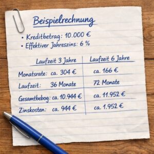 Eine handgeschriebene Beispielrechnung auf einem Notizblatt, mit einem Klemmbrett befestigt. Der Kreditbetrag beträgt 10.000 € und der effektive Jahreszins liegt bei 6 %. Die Tabelle zeigt zwei Laufzeiten: 3 Jahre und 6 Jahre, mit den jeweiligen Monatsraten, Laufzeiten, Gesamtbeträgen und Zinskosten.
