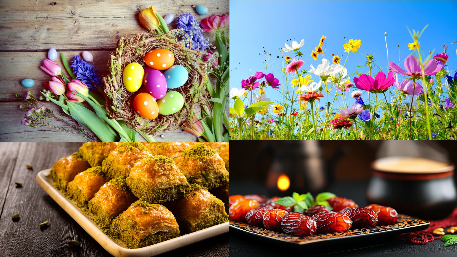 Ein Bild mit vier Abschnitten: Oben links sind bunt bemalte Ostereier in einem Nest mit Blumen und Frühlingszweigen. Oben rechts ist ein blauer Himmel mit bunten Wildblumen im Vordergrund. Unten links ist ein Teller mit Baklava, die mit Pistazien bestreut ist. Unten rechts sind Datteln auf einem dekorativen Teller neben einer Tasse.