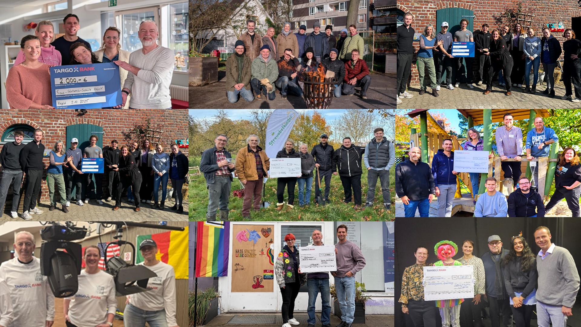 Eine Collage aus mehreren Bildern, die Gruppen von Menschen zeigt, die Schecks von der TARGOBANK überreichen. Zu sehen sind verschiedene Veranstaltungen in unterschiedlichen Umgebungen, darunter eine Outdoor-Feuerstelle und eine Präsentation vor einem Gebäude. Die Menschen sind in lockerer Kleidung und lächeln, während sie die Schecks halten. Einige Bilder zeigen auch Flaggen und eine bunte Wandkunst im Hintergrund.