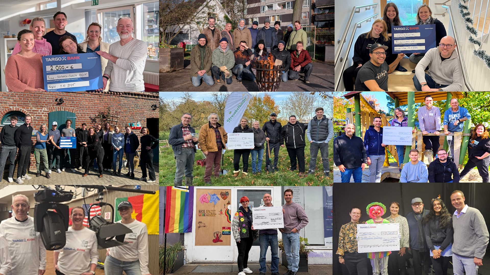 Eine Collage aus mehreren Bildern zeigt Gruppen von Menschen, die Schecks von der TARGOBANK halten. Die Szenen umfassen verschiedene Orte, darunter ein Büro, eine Veranstaltung im Freien und eine Spielplatzumgebung. In einer Aufnahme posieren sie vor einem Lagerfeuer, während in einer anderen ein großes Banner zu sehen ist. Einige Personen tragen T-Shirts mit dem Logo der TARGOBANK. Es gibt auch verschiedene Hintergründe, einschließlich Gebäude und Natur. Die Bilder scheinen mit sozialen oder gemeinnützigen Aktivitäten verbunden zu sein.