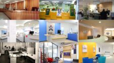 Eine Collage von Bankinterieurs zeigt verschiedene Empfangsbereiche und Schalter. Oben links ist ein Holztheke mit Pflanzen, daneben Gelb- und Grüntöne in einem Empfangsbereich. In der Mitte sieht man die TARGOBANK mit modernen Arbeitsplätzen. Unten links ist ein historisches Schwarz-Weiß-Bild eines Bankenbüros mit Angestellten. Rechts sieht man Sitzbereiche mit Fernseher und bunten Stühlen, inklusive einem Citi-Logo.