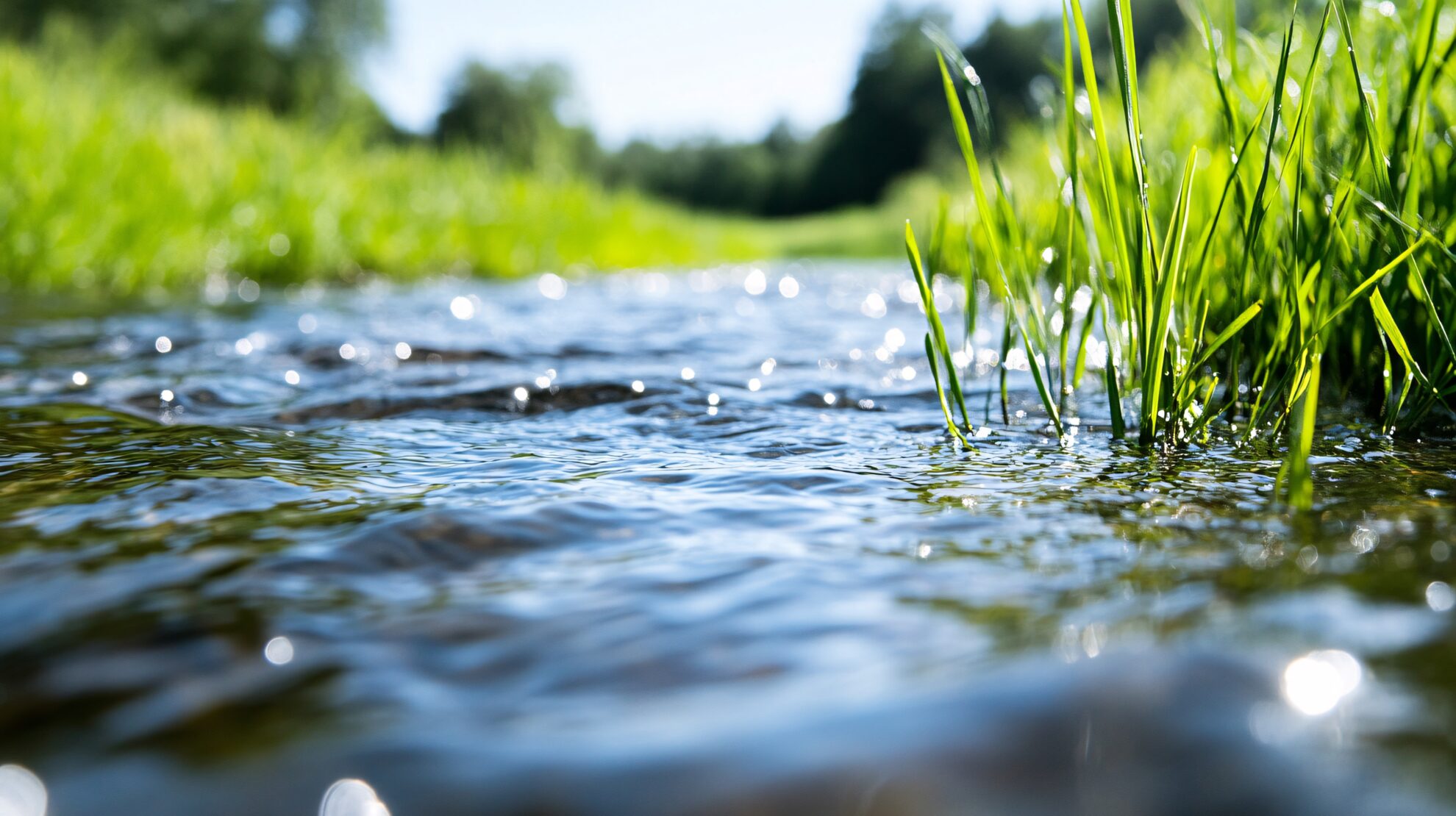 Ein klarer Bach fließt sanft durch grüne Wiesen. Die Wasseroberfläche reflektiert das Licht und zeigt sanfte Wellen. Am Ufer wachsen hohe, grüne Gräser, die im Wind wehen. Die Umgebung ist sonnig und friedlich.