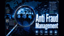 Die Abbildung zeigt ein digitales Interface für das Anti-Fraud-Management. Im Vordergrund ist eine Lupe, die auf Daten und Statistiken fokussiert, während im Hintergrund Personen an Computern arbeiten. Auf dem Bildschirm sind Informationen wie Benutzer-ID, Standort und Transaktionsprotokolle sichtbar. Die Überschrift 
