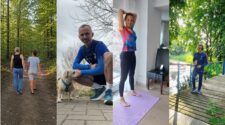 Vier Bilder zeigen unterschiedliche Aktivitäten: zwei Frauen gehen einen Waldweg entlang, ein Mann mit Hund sitzt auf dem Boden, eine Frau macht Dehnübungen auf einer Matte, und ein Mann steht an einem Gewässer mit Kopfhörern und Getränk.