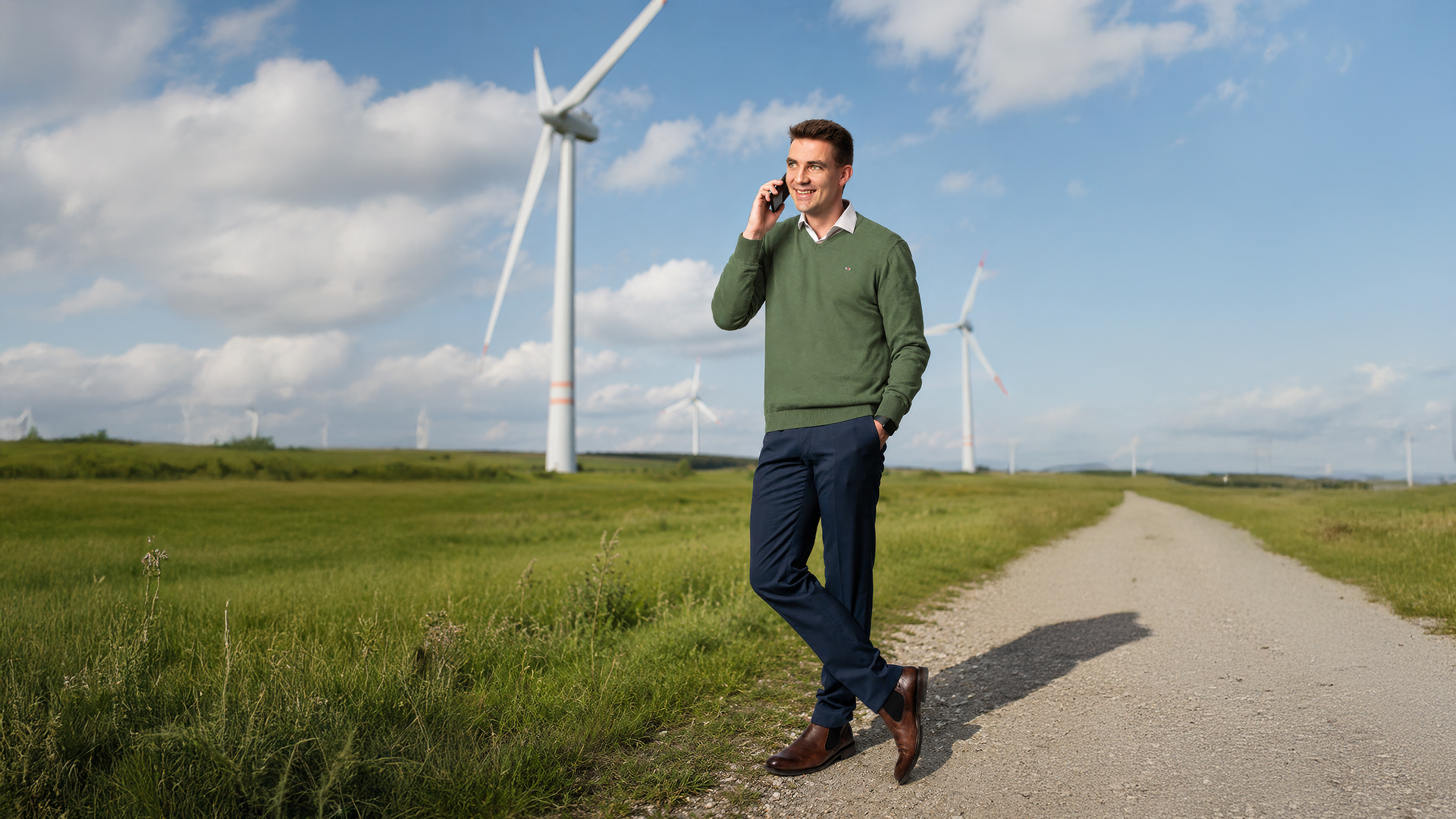 Ein Mann steht auf einem Weg in einer grünen Landschaft mit Windkraftanlagen im Hintergrund. Er trägt einen grünen Pullover und dunkelblaue Hose und hält ein Handy ans Ohr.