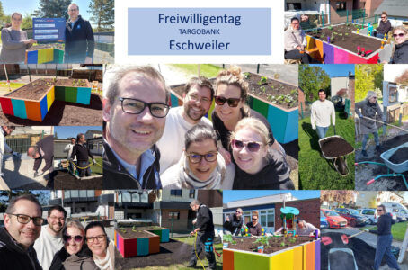Das Bild zeigt eine Zusammenstellung von Fotos vom Freiwilligentag der TARGOBANK in Eschweiler. Es sind bunte Hochbeete zu sehen, in denen Pflanzen eingepflanzt werden. Menschen arbeiten gemeinsam im Garten, einige halten Schaufeln und Gießkanäle. Auf einem Bild hält eine Frau einen Scheck über 2.000 Euro. Die Gruppe posiert lächelnd für ein Selfie. Der Hintergrund zeigt einen sonnigen Tag mit Bäumen und Gebäuden.