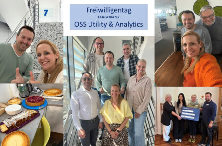 Bild zeigt eine Gruppe von Mitarbeitern der TARGOBANK beim Freiwilligentag, zusammen mit Kuchen und Torten. Text: "Freiwilligentag TARGOBANK OSS Utility & Analytics".
