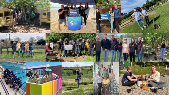 Eine Collage von Gruppenbildern, die verschiedene Freiwilligenaktivitäten zeigt. Oben sind Menschen bei der Arbeit an Spielplätzen und am Strand. In der Mitte sieht man Gruppen, die im Garten arbeiten und sich um Tiere kümmern. Unten sind Bilder von einer Schwimmgruppe und Menschen, die Pflanzen setzen und pflegen. Die Bilder vermitteln ein Gefühl von Gemeinschaft und Engagement.