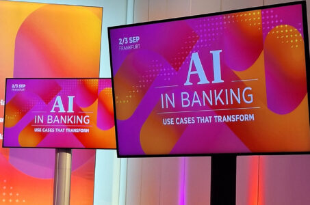 Zwei Bildschirme zeigen eine Veranstaltung mit dem Titel "AI IN BANKING" und dem Untertitel "USE CASES THAT TRANSFORM". Das Datum "2/3 SEP" und der Ort "FRANKFURT" sind ebenfalls sichtbar. Die Hintergründe sind in lebhaften Farben mit grafischen Formen gestaltet.