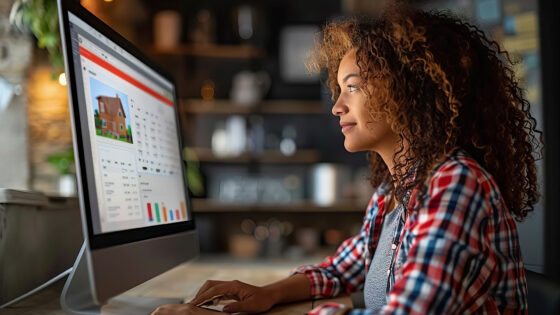 Eine Frau mit lockigem Haar sitzt an einem Computer und schaut auf den Bildschirm. Der Monitor zeigt ein Bild eines Hauses und Grafiken. Sie trägt ein kariertes Hemd und wirkt konzentriert.