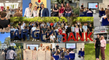 Eine Collage aus verschiedenen Szenen eines Kick-off-Events bei der Targo Bank. Zu sehen sind Gruppen von Mitarbeitern in einem Konferenzraum, draußen bei der Fotografie vor einem großen TARGO BANK-Schild, und bei Präsentationen. Teilnehmer interagieren, während einige Vorträge halten. Die Atmosphäre scheint freundlich und engagiert zu sein.