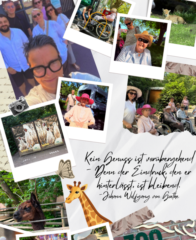 Eine Collage aus verschiedenen Fotos, die Gruppen von Menschen in Freizeitaktivitäten zeigt, darunter ein Selfie von einer Person mit Brille, die andere Personen in Hüten, Rollstühlen und bei der Interaktion mit Tieren zeigt. Im Hintergrund sind eine Giraffe und ein Leopard sichtbar. Zitat von Goethe: "Kein Genuss ist vorübergehend - Denn der Eindruck, den er hinterlässt, ist bleibend."