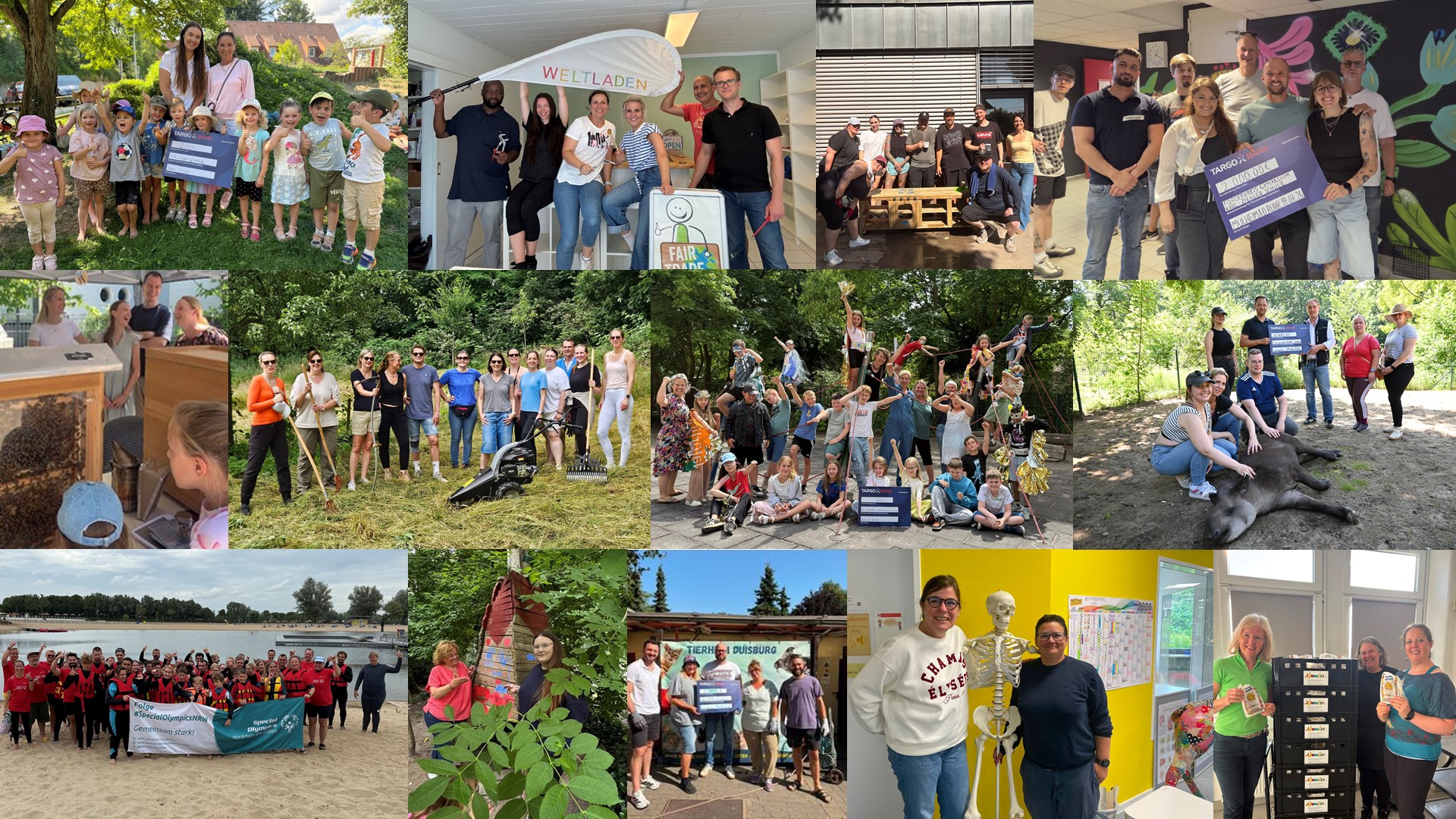 Eine Collage aus mehreren Bildern zeigt Gruppen von Menschen, darunter Kinder und Erwachsene, die an verschiedenen Aktivitäten teilnehmen, wie z.B. bei einem Workshop, in der Natur, beim Sport oder in einem Laden. Es gibt Szenen von Teamarbeit, Lachen und Engagement in verschiedenen Umgebungen, darunter eine Schule, ein Tierheim und ein Strand.